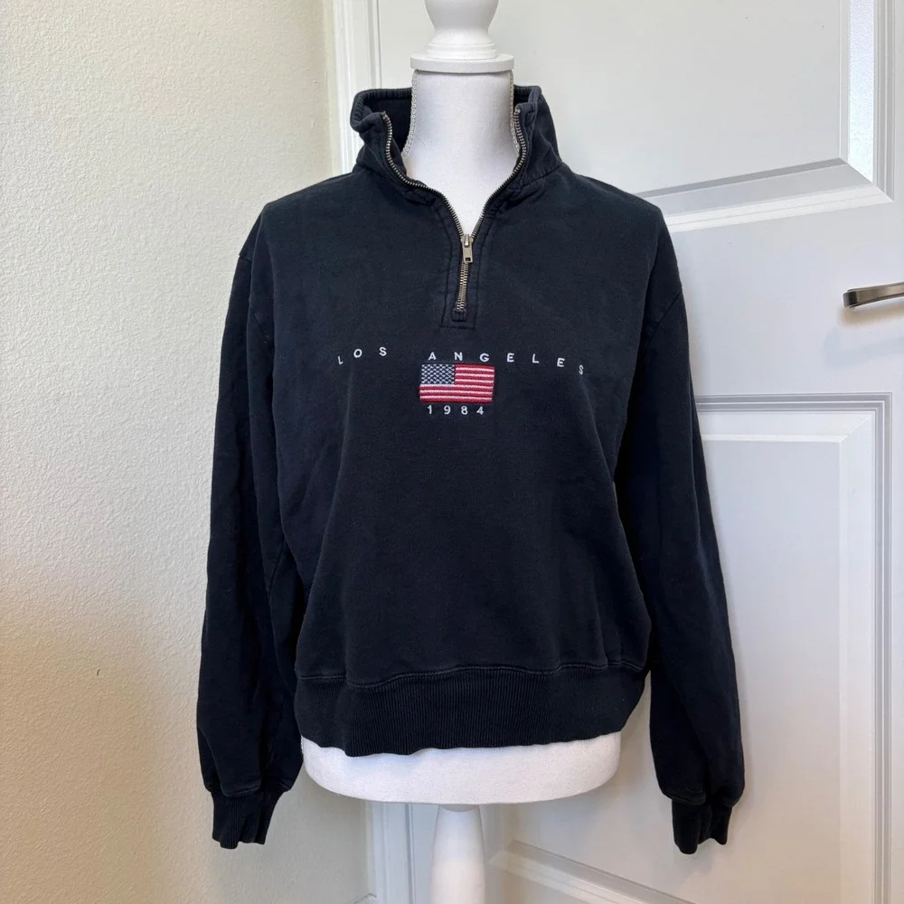 John Galt Brandy Melville Los Angeles 1984 Quarter Zip Sweatshirt Black OS - Picture 1 of 5